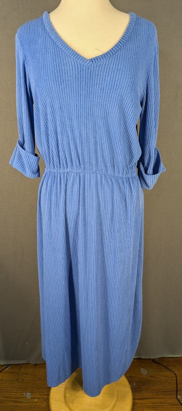 Vintage 1970s Goldrush Terry Cloth Dress Size 14 Blue Elastic Waist